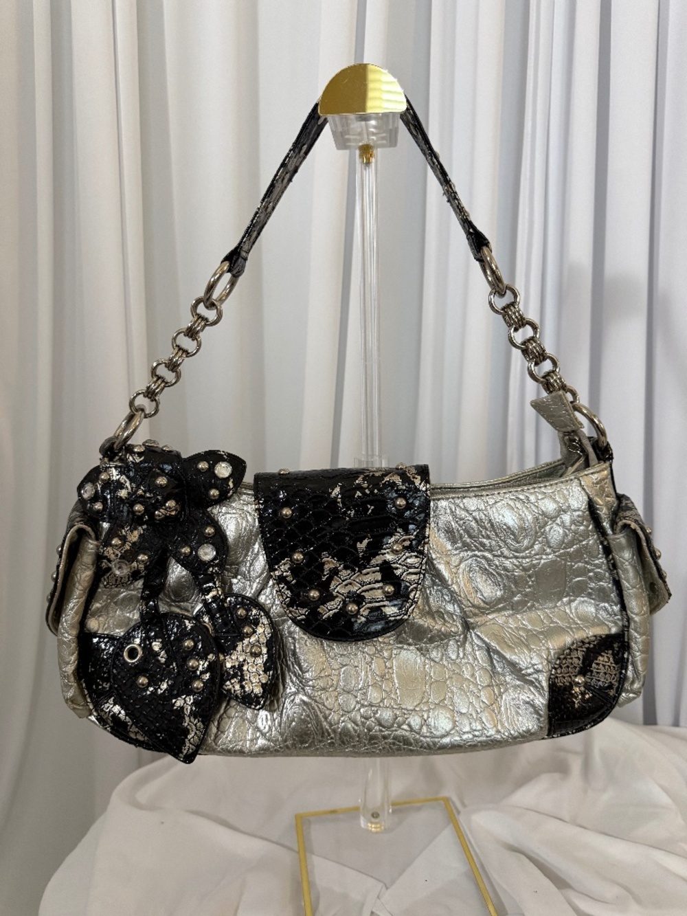 Calla Y2K Metallic Silver Black Studded Floral Shoulder Bag